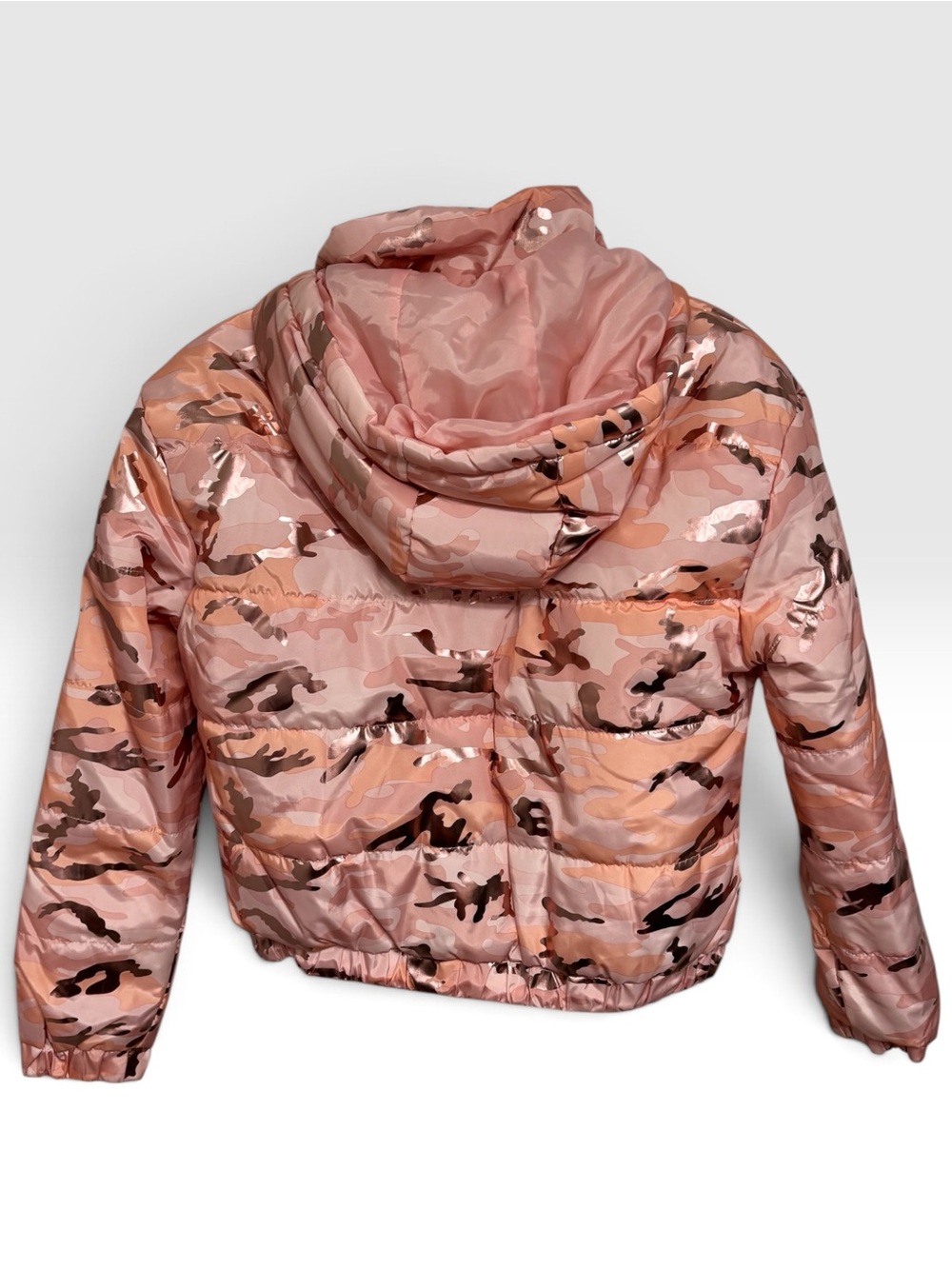 NWT Ashley Outerwear Rose Gold Metallic Camo Puffer Jacket Size M - Picture 3 of 4